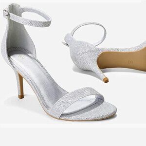 Silver Glitter Stilettos Ankle Strap Open Toe Pump Heeled Sandals, Size 8